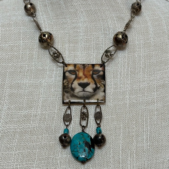 Custom cheetah necklace antique sterling silver decorative beads Turqoise cats - Picture 4 of 7
